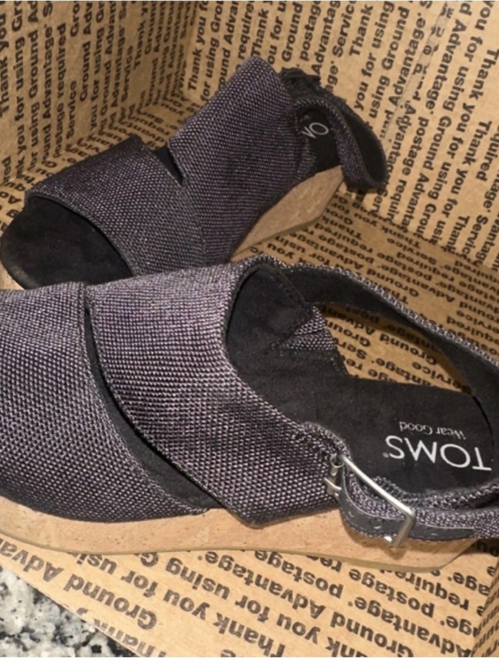 Toms Black Textured Wedge Slingback Sandals